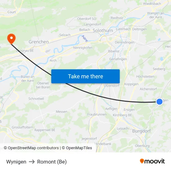 Wynigen to Romont (Be) map