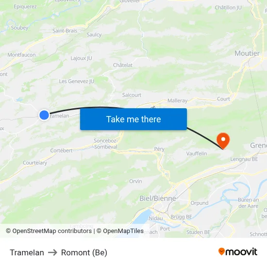Tramelan to Romont (Be) map