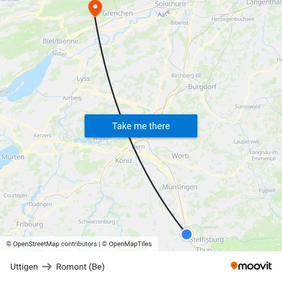 Uttigen to Romont (Be) map