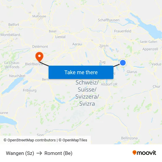 Wangen (Sz) to Romont (Be) map