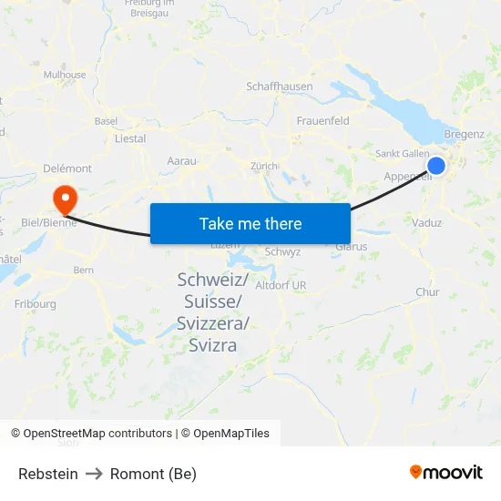 Rebstein to Romont (Be) map