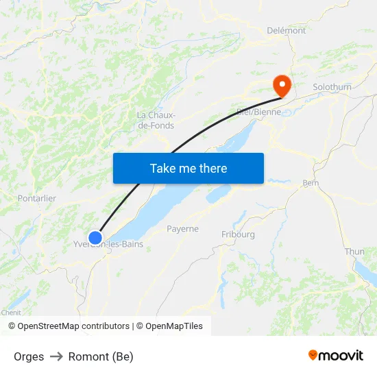 Orges to Romont (Be) map