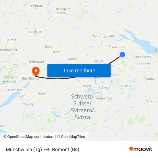 Münchwilen (Tg) to Romont (Be) map
