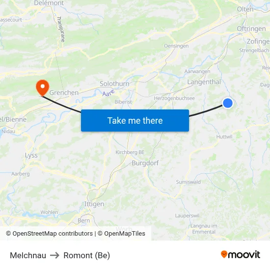 Melchnau to Romont (Be) map