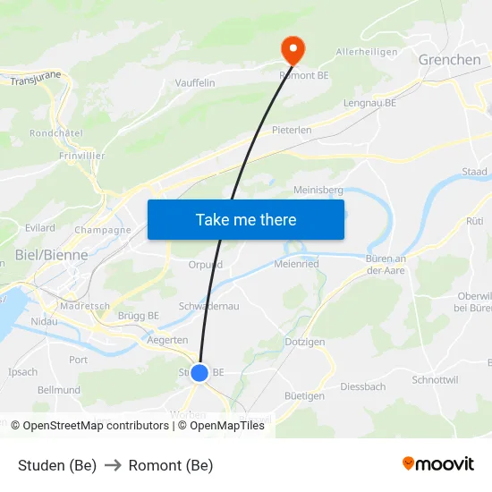 Studen (Be) to Romont (Be) map