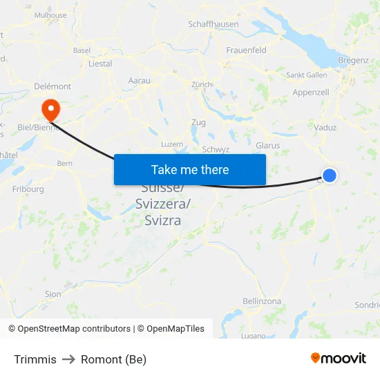 Trimmis to Romont (Be) map