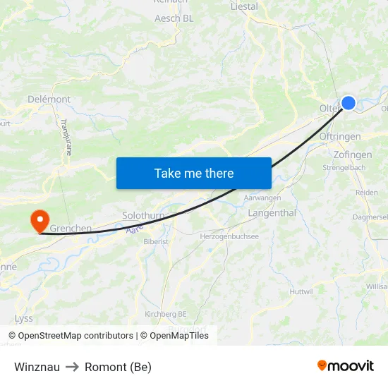 Winznau to Romont (Be) map