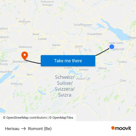 Herisau to Romont (Be) map