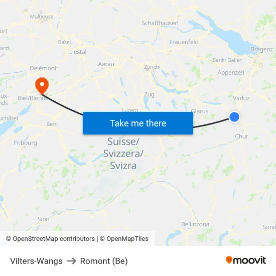 Vilters-Wangs to Romont (Be) map