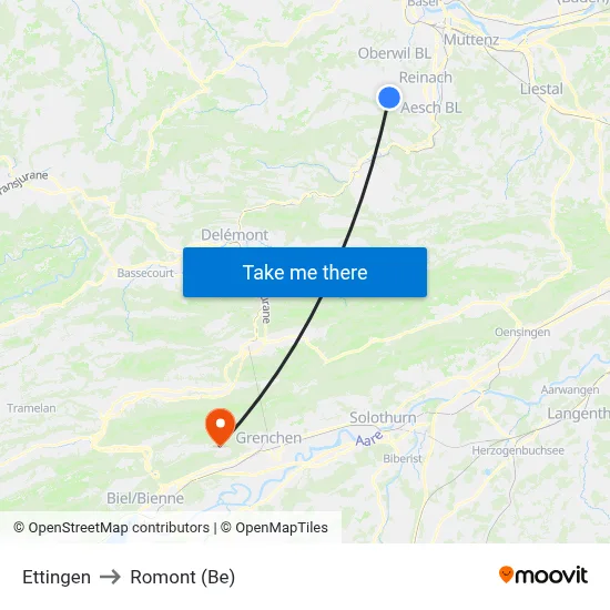 Ettingen to Romont (Be) map