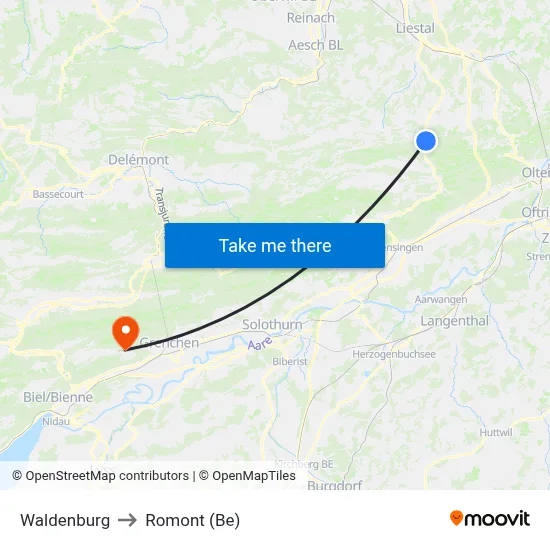 Waldenburg to Romont (Be) map