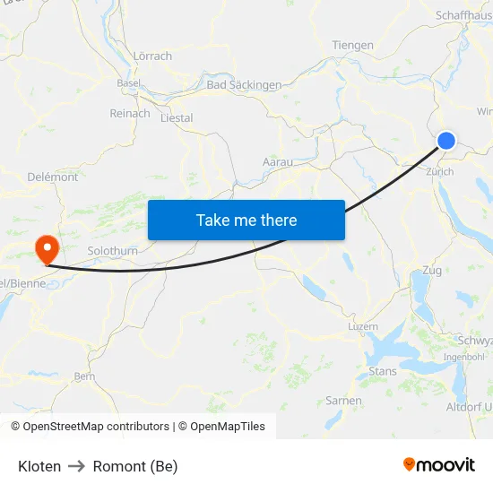 Kloten to Romont (Be) map