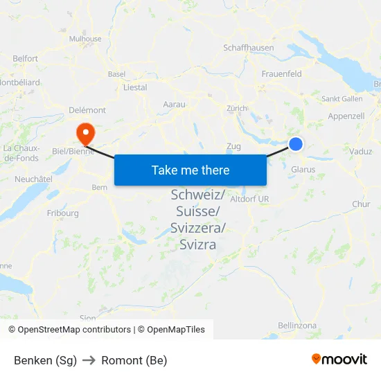 Benken (Sg) to Romont (Be) map