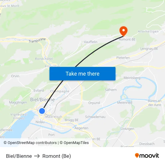 Biel/Bienne to Romont (Be) map