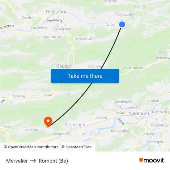 Mervelier to Romont (Be) map