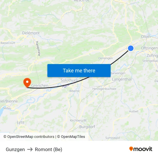 Gunzgen to Romont (Be) map