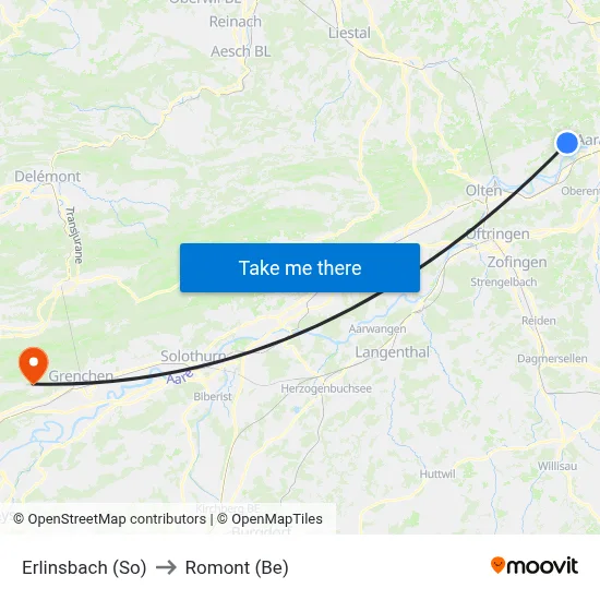 Erlinsbach (So) to Romont (Be) map