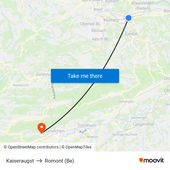 Kaiseraugst to Romont (Be) map