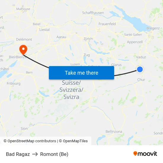 Bad Ragaz to Romont (Be) map