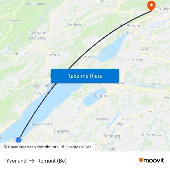 Yvonand to Romont (Be) map