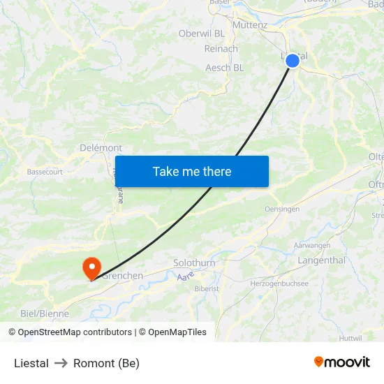 Liestal to Romont (Be) map