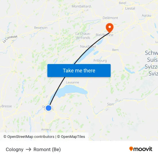 Cologny to Romont (Be) map