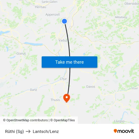 Rüthi (Sg) to Lantsch/Lenz map
