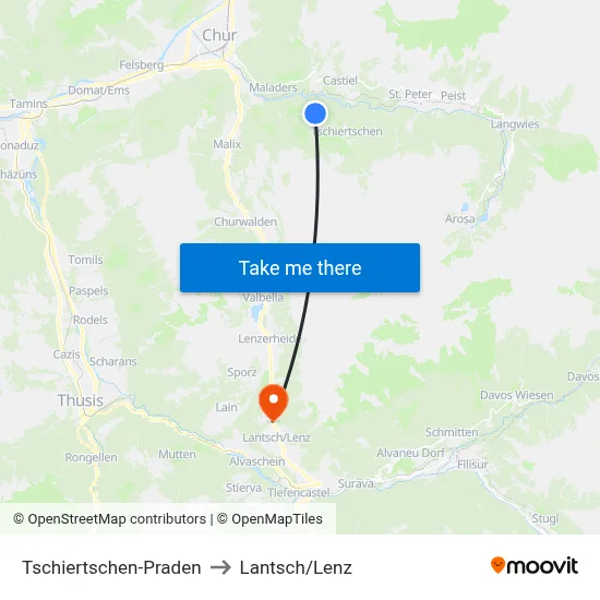 Tschiertschen-Praden to Lantsch/Lenz map