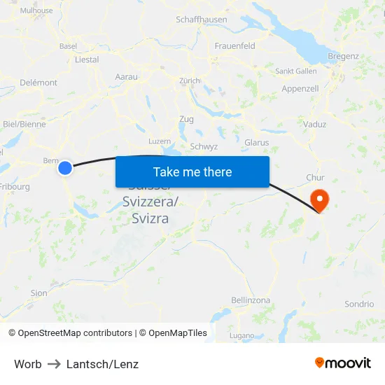 Worb to Lantsch/Lenz map