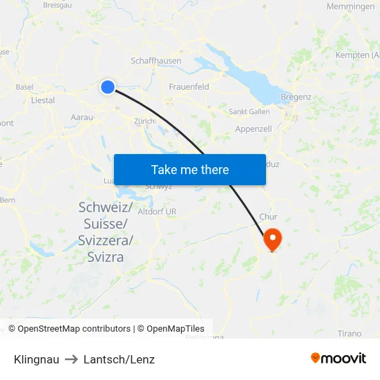 Klingnau to Lantsch/Lenz map