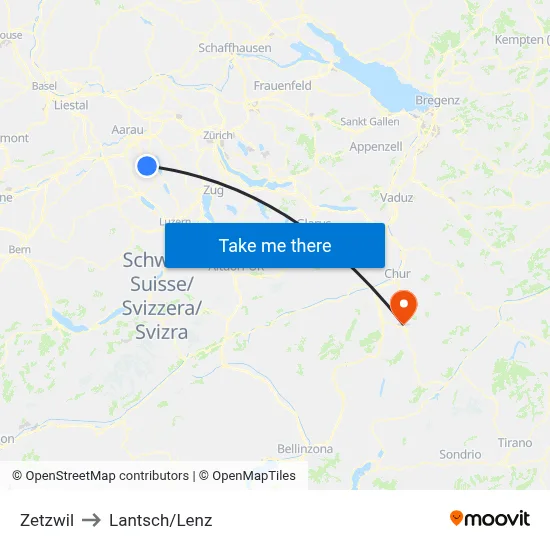 Zetzwil to Lantsch/Lenz map