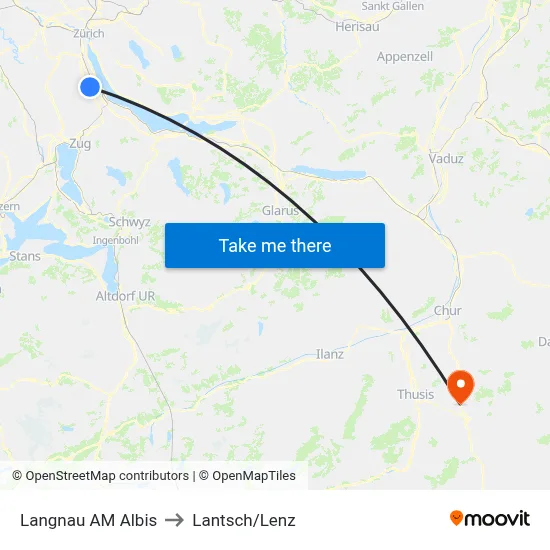 Langnau AM Albis to Lantsch/Lenz map