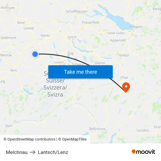 Melchnau to Lantsch/Lenz map