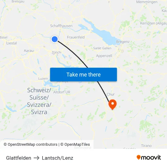 Glattfelden to Lantsch/Lenz map