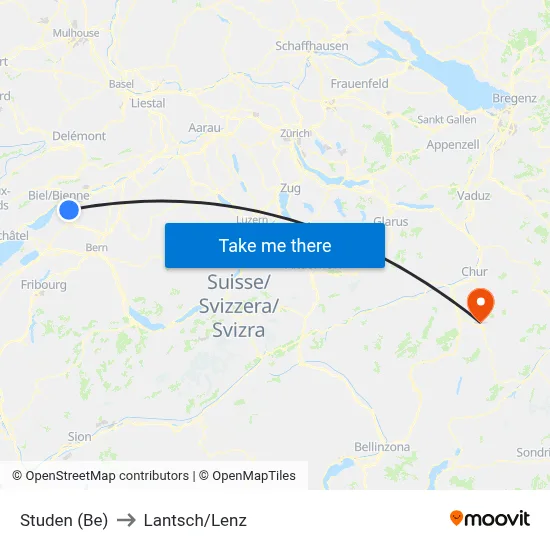 Studen (Be) to Lantsch/Lenz map