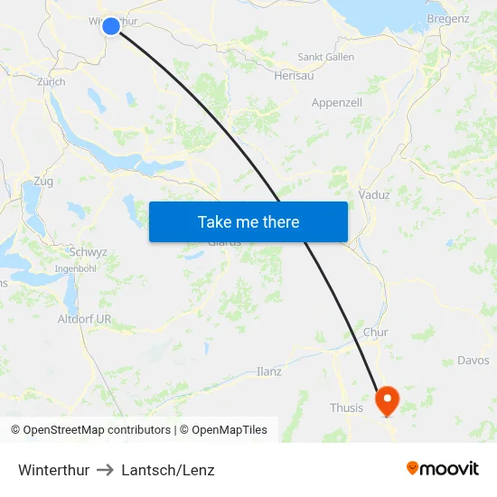 Winterthur to Lantsch/Lenz map