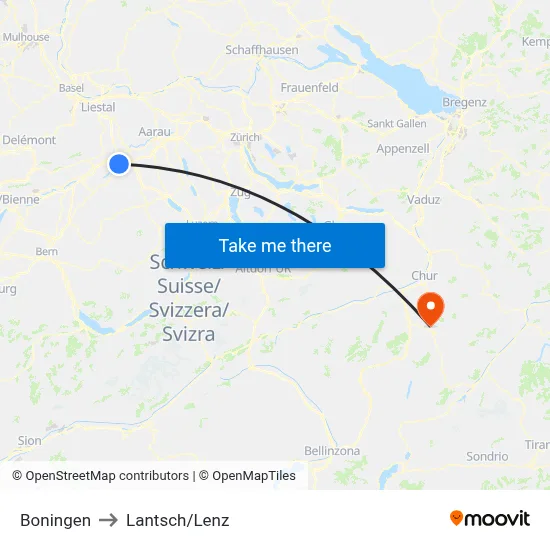 Boningen to Lantsch/Lenz map