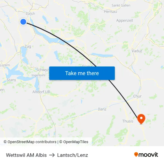 Wettswil AM Albis to Lantsch/Lenz map