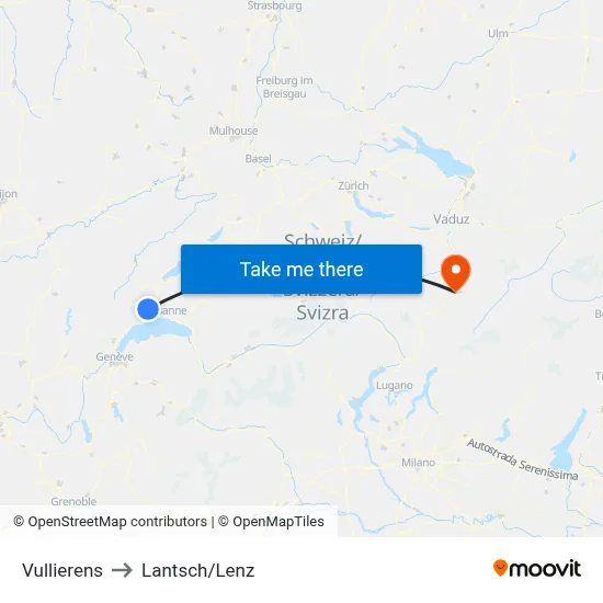 Vullierens to Lantsch/Lenz map