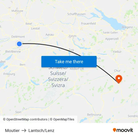 Moutier to Lantsch/Lenz map