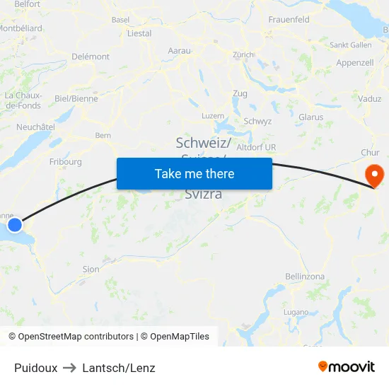 Puidoux to Lantsch/Lenz map
