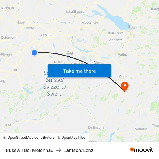 Busswil Bei Melchnau to Lantsch/Lenz map
