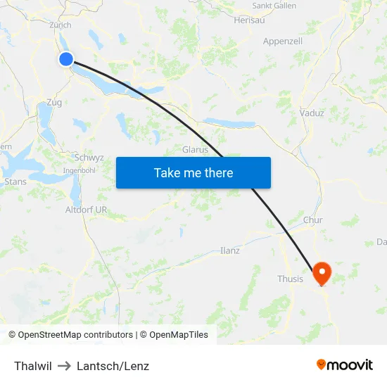 Thalwil to Lantsch/Lenz map