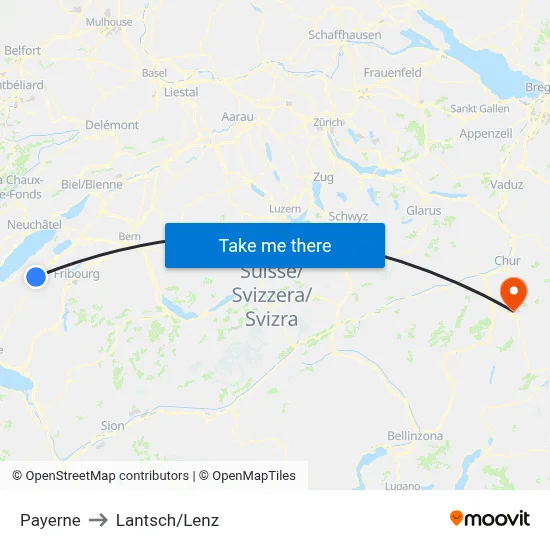 Payerne to Lantsch/Lenz map