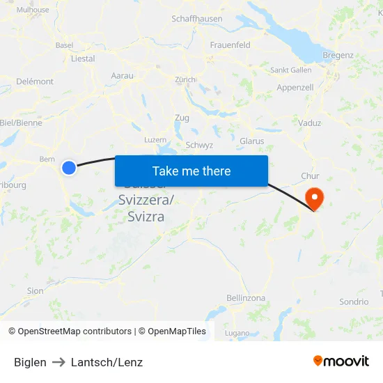 Biglen to Lantsch/Lenz map