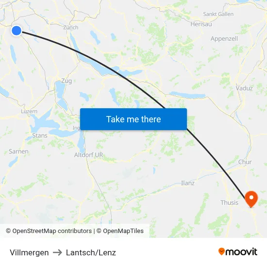 Villmergen to Lantsch/Lenz map