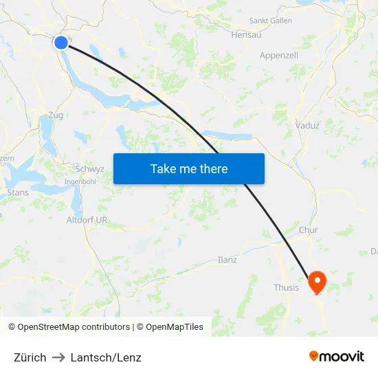 Zürich to Lantsch/Lenz map