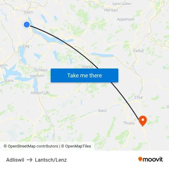 Adliswil to Lantsch/Lenz map