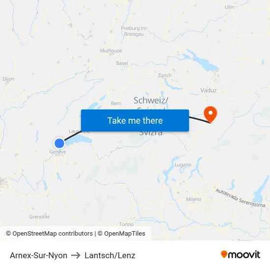 Arnex-Sur-Nyon to Lantsch/Lenz map