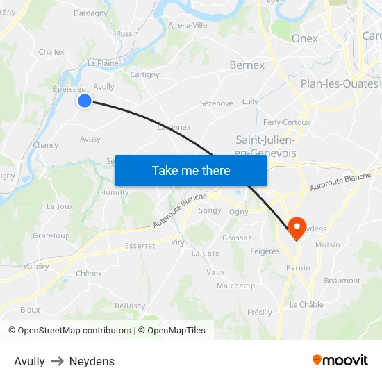 Avully to Neydens map